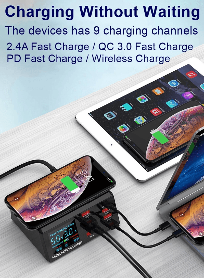 100W Multi USB Charger Hub PD Quick Charge 3.0 Qi Wireless Charger 8 USB Ports - RFinder Android Radio