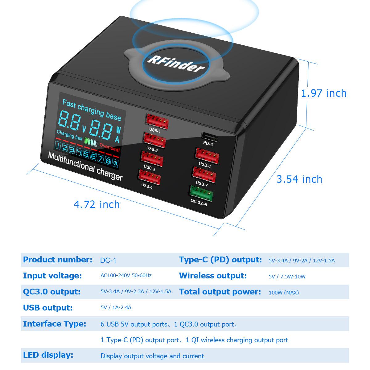 100W Multi USB Charger Hub PD Quick Charge 3.0 Qi Wireless Charger 8 USB Ports - RFinder Android Radio