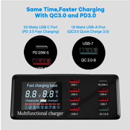 100W Multi USB Charger Hub PD Quick Charge 3.0 Qi Wireless Charger 8 USB Ports - RFinder Android Radio