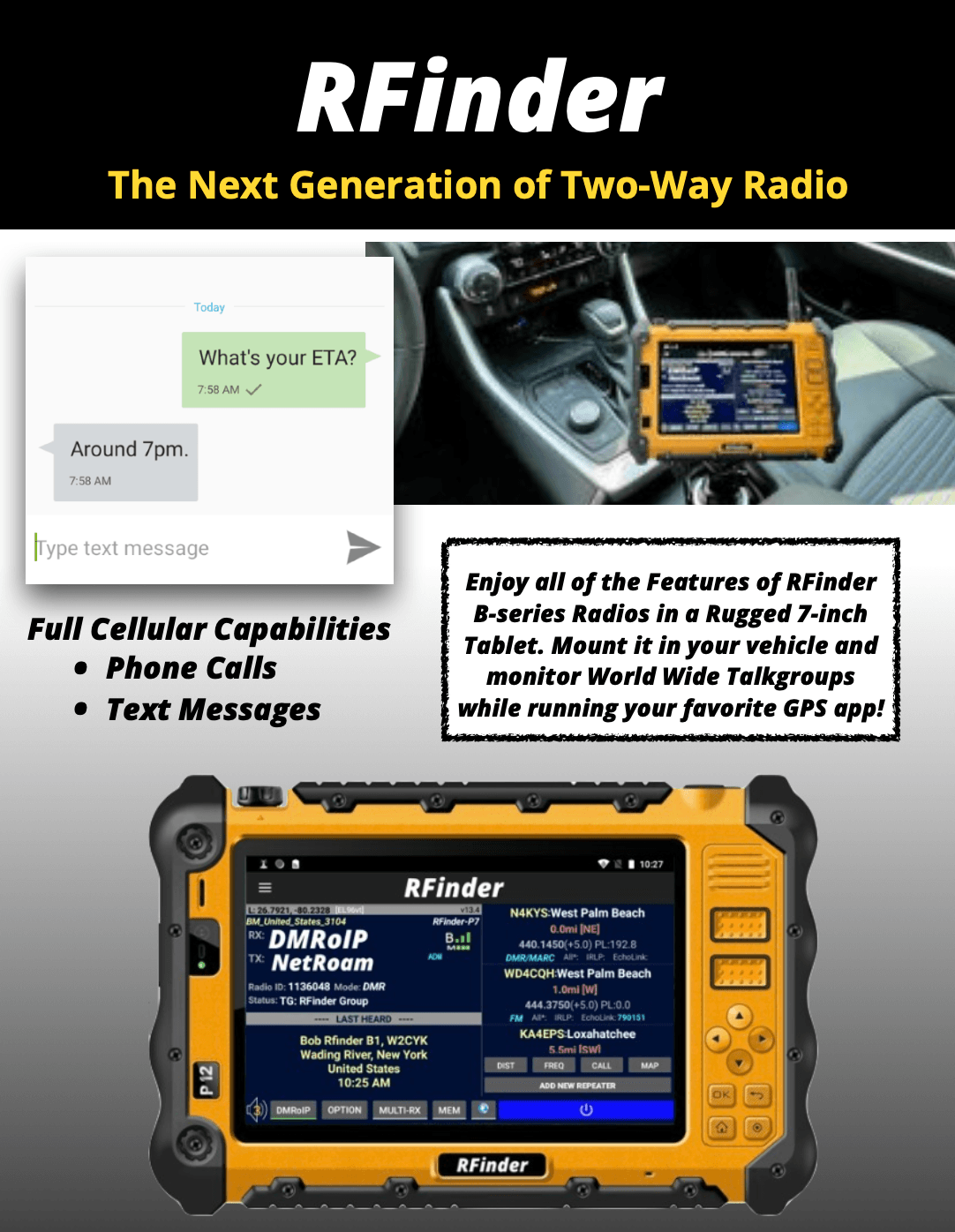 RFinder Android Radio 7 Inch Tablet - 136-174mhz, 400-490mhz DMR/FM - RFinder Android Radio